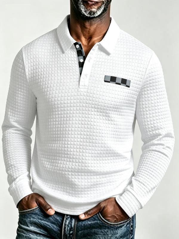 long-sleeved polo shirt Men's Waffle Knit Long Sleeve Polo Shirt, Placket Checkered Decor Lapel Top, Casual Daily Wear