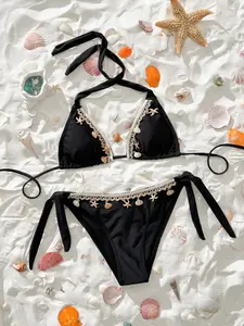 Women's New Starfish Shell Beach Bikini, Sexy Fashion Halter Tie Two-Piece Swimsuit, Casual Fitted Crisscross Back Swimwear for All Seasons