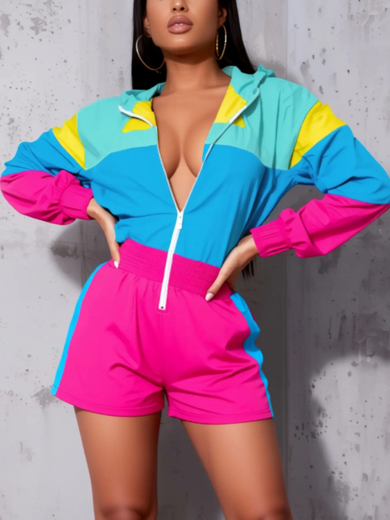 Women's Colorblock Pocket Elastic Waist Lightweight Fabric Windbreaker Hooded Fitted Jumpsuit, Casual Long Sleeve Fall & Winter Womenswear, Casual Zipper Overalls