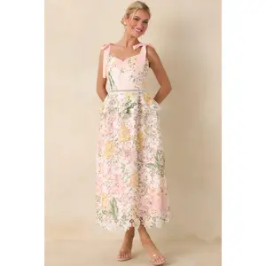 Remembering Spring Peach Lace Floral Midi Dress