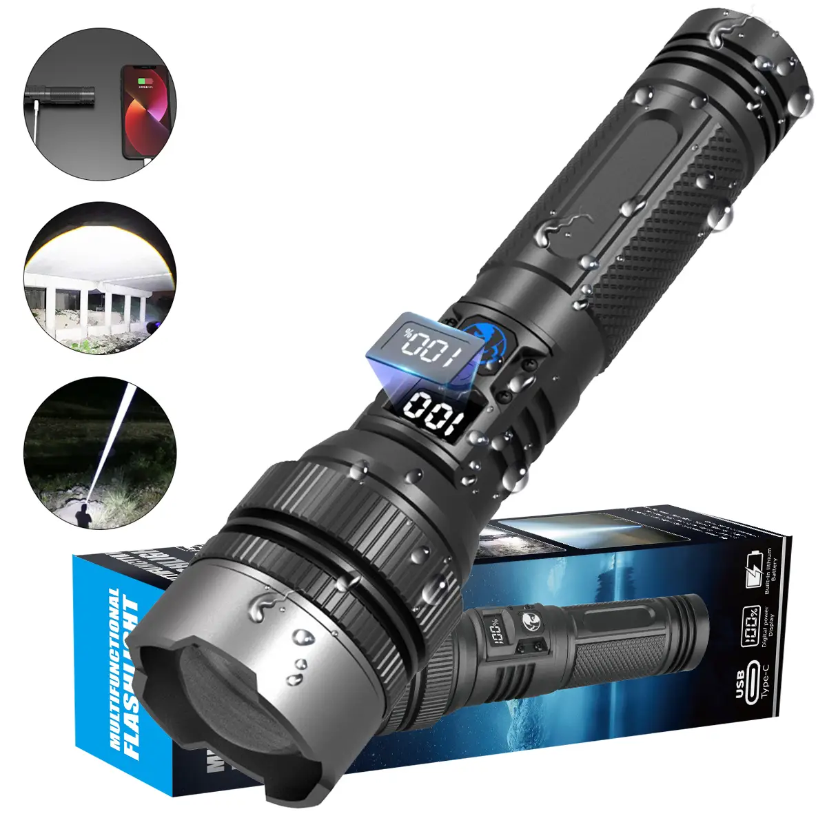 2 in 1 Rechargeable Flashlights High Lumens(Power bank), Zoomable, Waterproof, Adjustable Brightness Flash Light for Outdoor, Emergency, Camping Acce