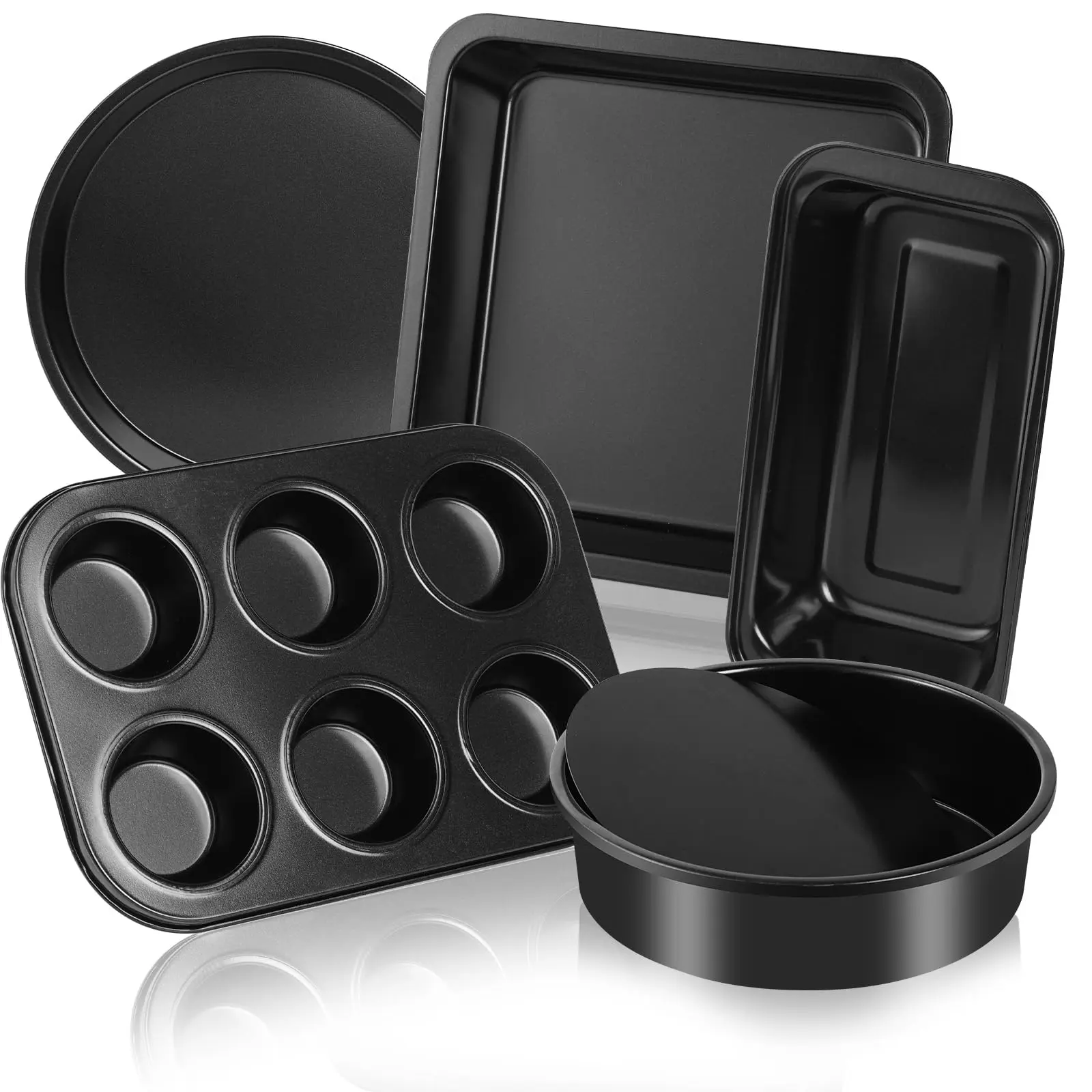 Merralta 5-Piece Carbon Steel Toaster Oven Baking Pan Set - Compact Nonstick Bakeware, Stackable Baking Supplies for College Students & Compact Kitchens - Round Pizza, Muffin, Loaf, Cake, Square Pans