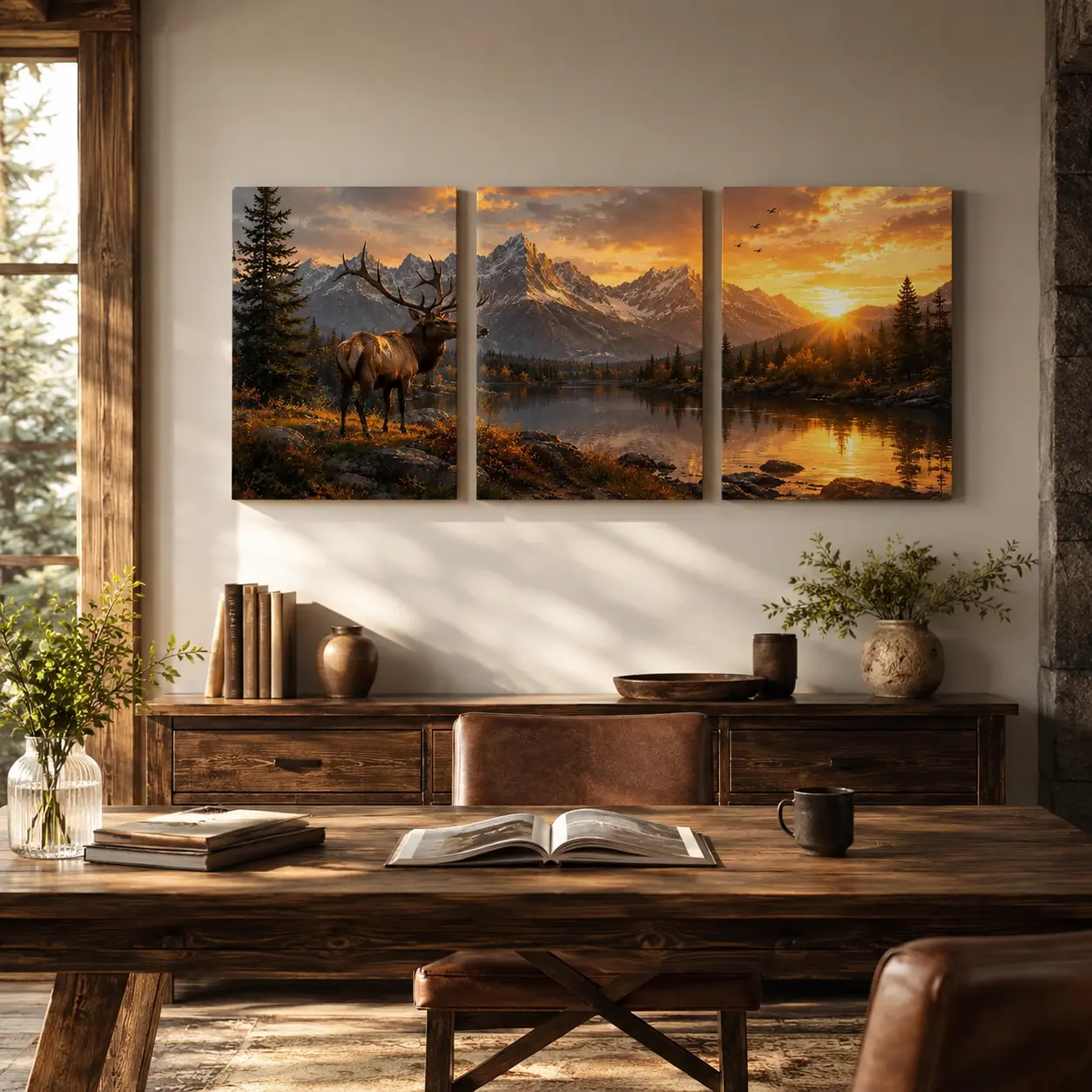 3-Panel Pine Wood Framed Elk Mountain Lake Canvas Wall Art Set - Rustic Sunset Wildlife Landscape Full Print, Lightweight Vivid Artwork, Hanging Room Art for Living Room, Bedroom Home Decor, Matte Outdoors