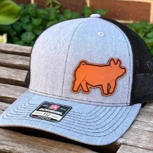 Richardson 112 Laser Engraved Leather Patch Hat- Show Pig Die Cut Real Authentic Leather