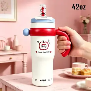 42oz Heat-Insulated Stainless Steel Water Bottle with Straw, Leak-Proof Vacuum Tumbler, Portable Apple Design Drinkware for Women, Ideal Kitchen Fixture Gift