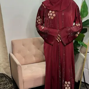 (Final Sale) Red and Gold Rhinestone Abaya with Hijab and Tie - Elegant Floral Embroidery and Beaded Details for Special Occasions