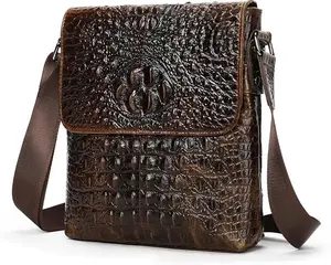 Men's Vintage Leather Flap Messenger Bag for Men Small Crossbody  Shoulder Crocodile Pattern Bag,Novelty Crocodile Embossed for Business and Work,High-quality Cowhide Sling Bag for Daily Use, Zipper Fanny Pack