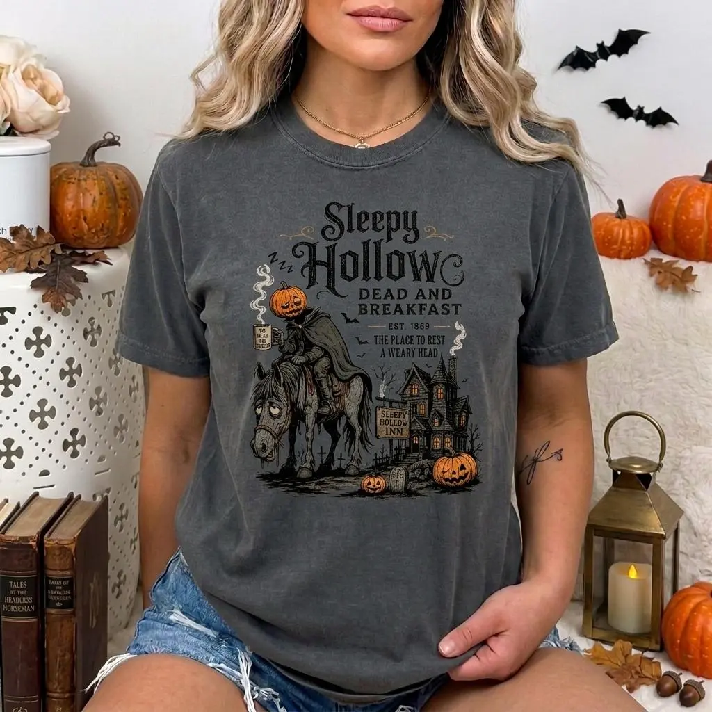 Women's Comfortable Unisex Short-Sleeve Printed Sleepy Hollow Halloween Tee - Premium Cotton Vintage Gothic Horror Party Headless Horseman Graphic Everyday Apparel, Shortsleeve, Fabric