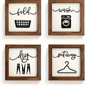 Rustic Wood Laundry Room Wall Hangings, Set of 4 8-Inch Signs, Farmhouse Style Home Decor, Durable & Stylish Design