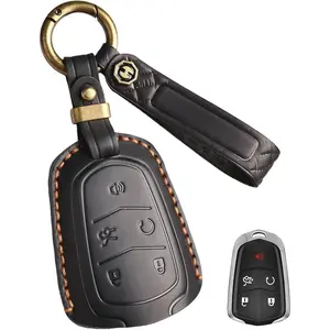Key Fob Cover for Cadillac Leather Key Case Keychain for Escalade XT4 XT5 XT6 CTS SRX ATS STS CT6 Car Remote Holder Protector (Black)