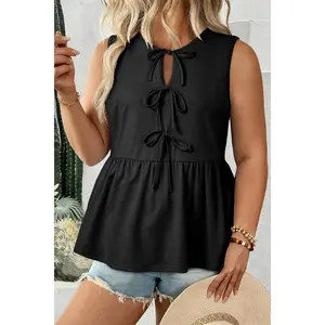 Black Plus Size Solid Color Bow Tie Peplum Tank Top