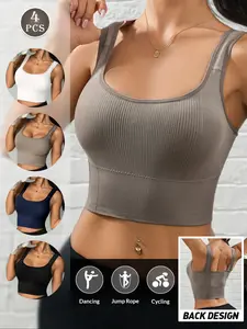 Women's Short One-Piece Casual Sports Bra, Shockproof Top, Wide Shoulder Straps, Removable Pads, Round Neck, All Seasons, Medium Support, 1 Pack/2 Pack/3 Pack/4 Pack, Breathable Sports Bra