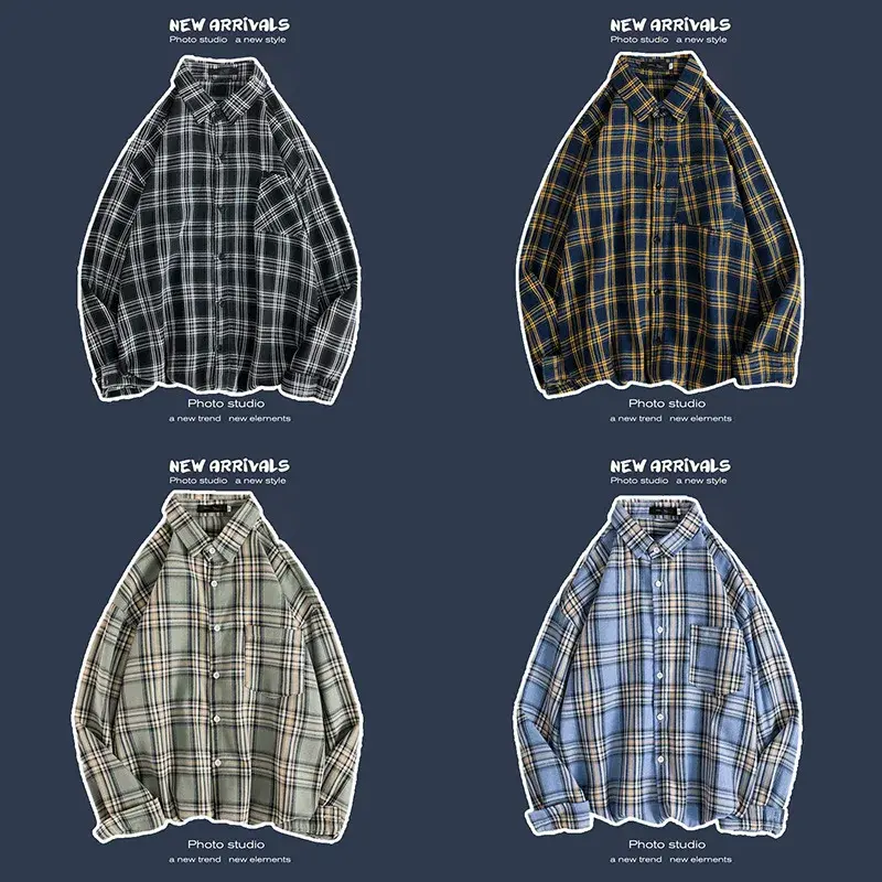 Men's Vintage Checked Top, Korean Style Casual Loose-Fit Overshirt, Long Sleeve Button-Up Menswear for Spring/Autumn in Blue, Blue 1868, Plaid Pattern, Korean Look