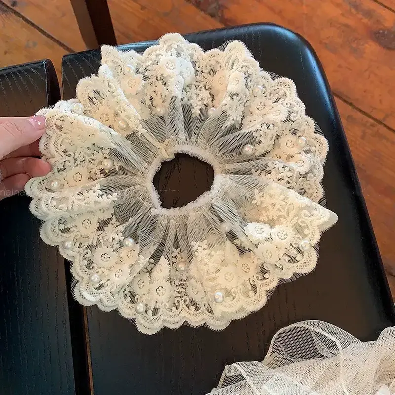 Pearl Lace Embroidered Hair Scrunchie, Hair Accessory, Ponytail Holder, Daily Styling