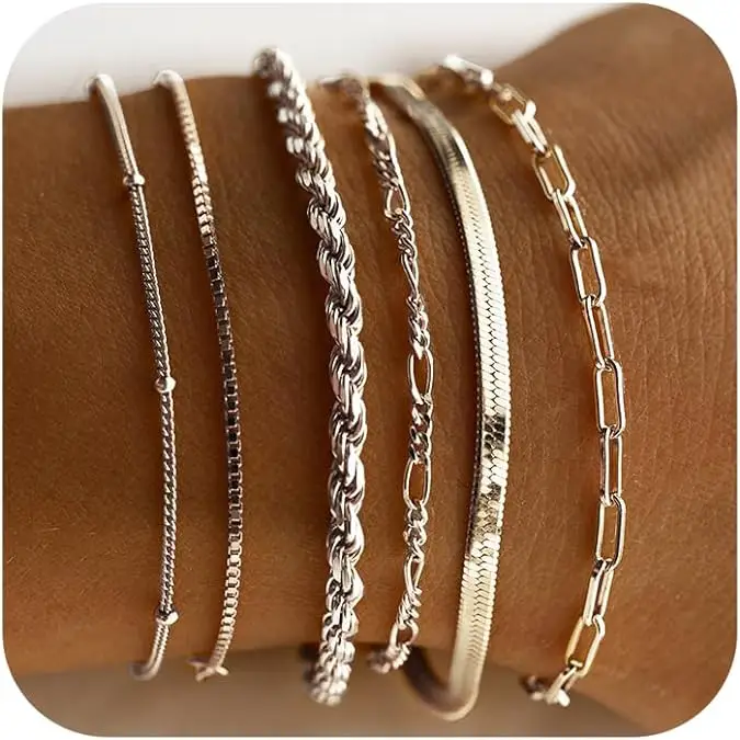 925 Sterling Silver Bracelets for Women Waterproof 6 Pack,Trendy Thin Dainty Stackable Cuban Link Paperclip Chain,Lobster Clasp type Bracelet,Fashion