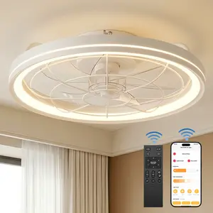 Modern Flush Mount Ceiling Fan with LED Lights, 3 Color Temperatures Dimmable Fan Light with Reversible Airflow, Quiet Bladeless Ceiling Fan with Remote & APP Control for Bedroom Living Room Dining Room#Summervibes