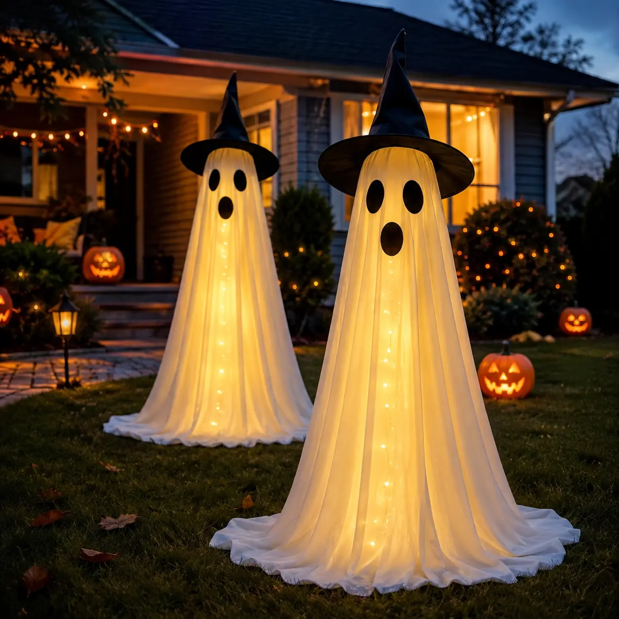 QCLTY 2-Piece Spooky Ghost Motif LED Light Halloween Decorations Outdoor Set Pack, Adjustable Height Battery-Powered String Light Kit, Easy-to-Assemble Holiday Party Decorations Ideas for Front Door, Spooky Fun Home Supplies, Holiday Decorations