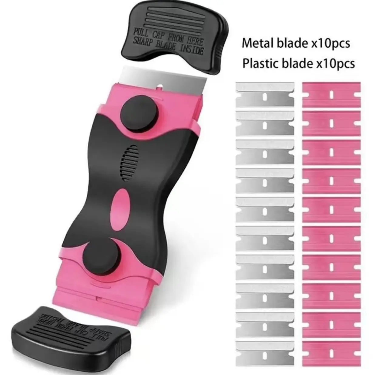 2-in-1 Double-Ended Razor Scraper Tool with 20Replacement Blades, 10 Plastic + 10 Metal Blades, Quick-Change Cleaning Scraper for Stickers,  Decals, Adhesive, Glass, Cooktop, Tile, Window,  Auto Detailing & DIY