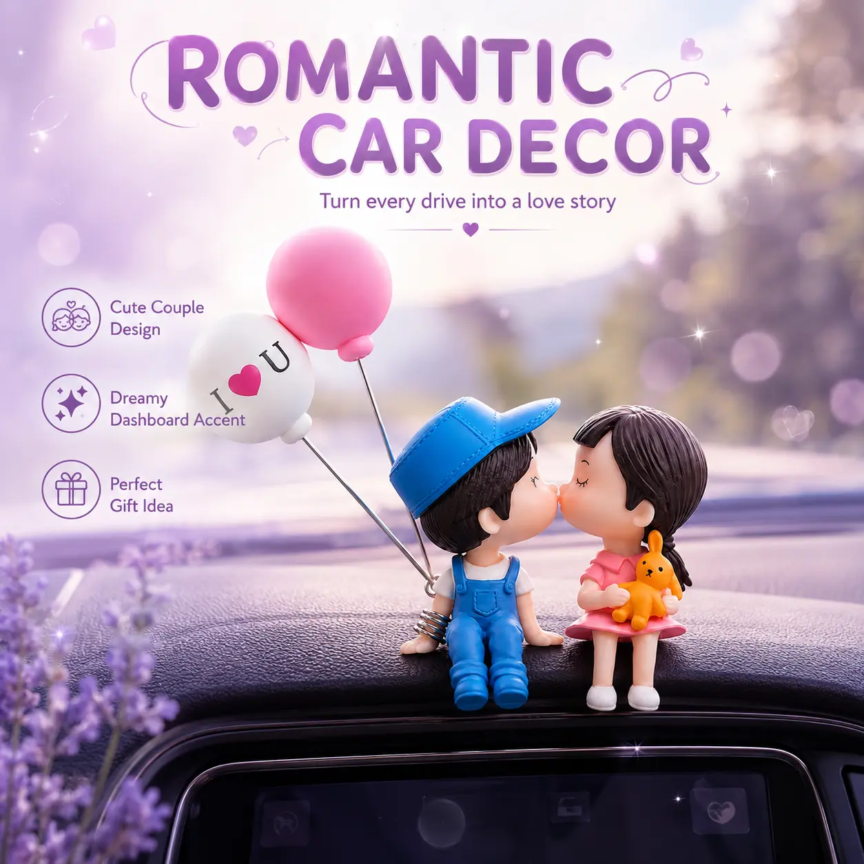 Cute Kissing Couple Car Dashboard Ornaments, Sweet Boy Girl Figurines Set with Balloon Accessories, Romantic Interior Car Center Console Decor, Cute Car Accessories