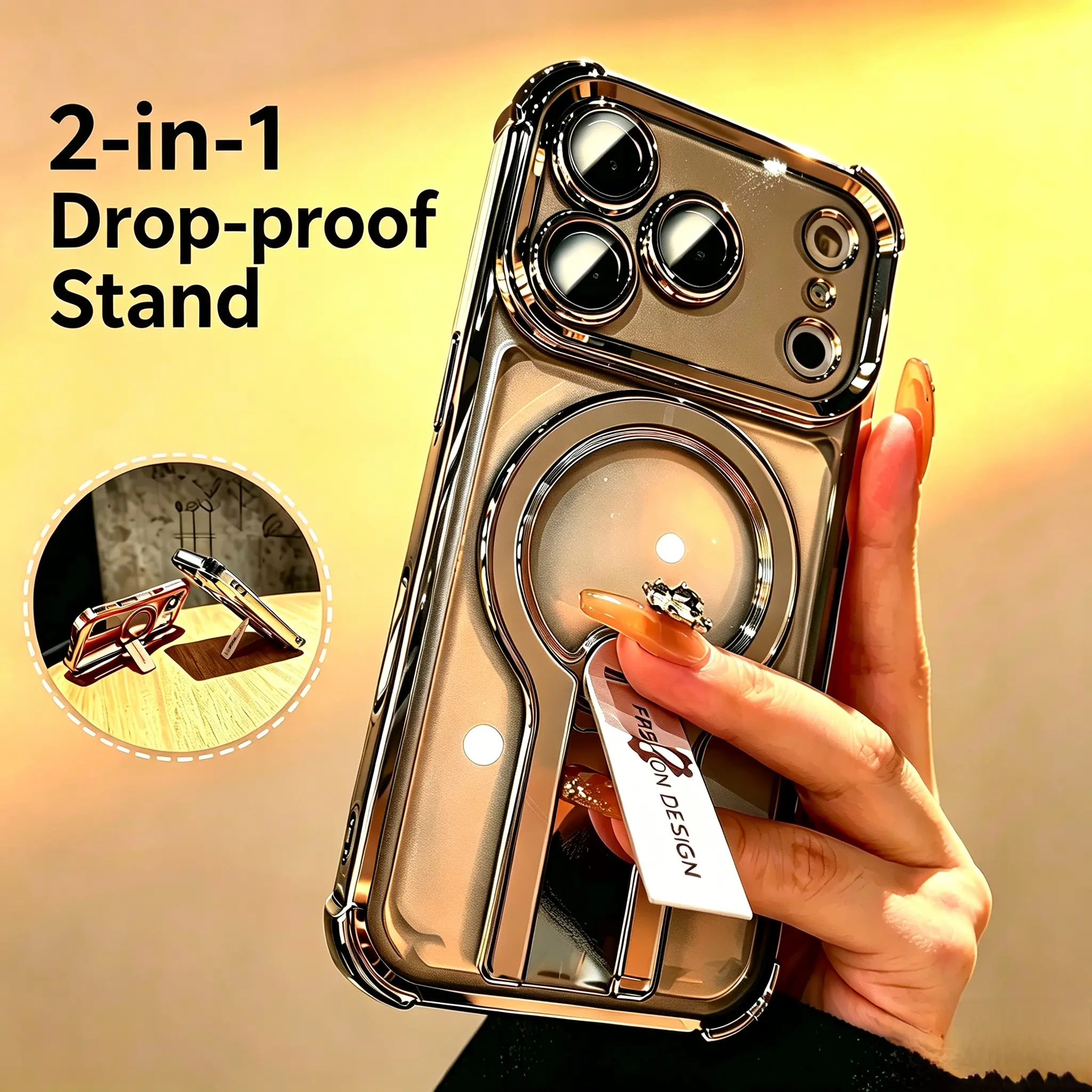 High-End Waterproof Transparent Metal Casing for iPhone 17,16,15,14,13, with Folding Invisible Stand, HD Lens Protector, Shockproof Anti-Drop Mobile Phone Accessories