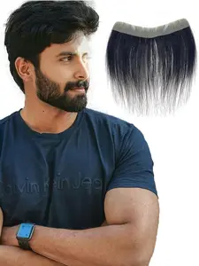 Men Forehead Hairline Toupee 100% Human Hair Skin PU Man Hairpieces Frontal Hair Topper for Receding Natural Hairline Replacement Systems (Natural Black) Adjustable Human Hair