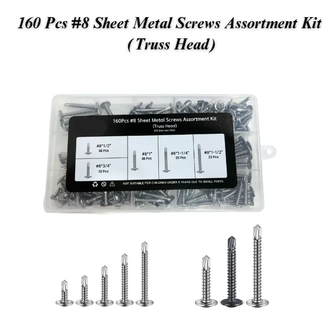160-Piece Premium #8 Self-Tapping Screw Assortment Kit – 410 Stainless Steel Truss Head Screws for Metal & Wood, Ranging from #8*1/2" to 1-1/2", Perfect for DIY & Professional Projects