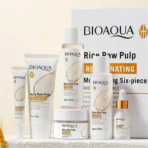 BIOAQUA Rice Raw Pulp Rejuvenating Moisturizing Face Cream Cleanser Toner Lotion Eye Cream HA Essence 6PCS Suit Skin Care Gift Box