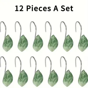 12PCS Leaves Shower Curtain Hooks, Decorative Shower Curtain Rings, Green Plant Leaf Shower Hooks Rustproof Stainless Steel, Bathrom Decor (Leaves)