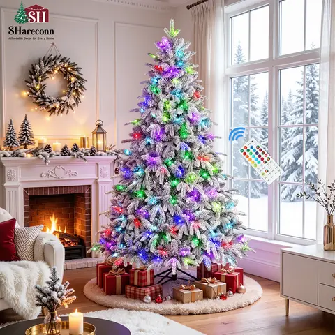 【RGB Lights】SHareconn 4/5/6/7/7.5/8/9/12FT Pre-Lit PE+PVC Flocking Cedar Christmas Tree - Classic Irregular Shape, Eco-Friendly Color Changing Snow Flocking, Deluxe Hinged Design, Remote Control, RGB Mood Lighting, Home Festive Decor