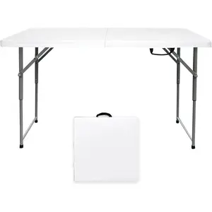 Folding Table 4/6/8 Foot, Foldable Table Adjustable Height Card Table, Indoor Outdoor Small Desk, Portable Plastic Picnic Party Dining Camping Bar Low Tables, Fold in Half Heavy Duty, White