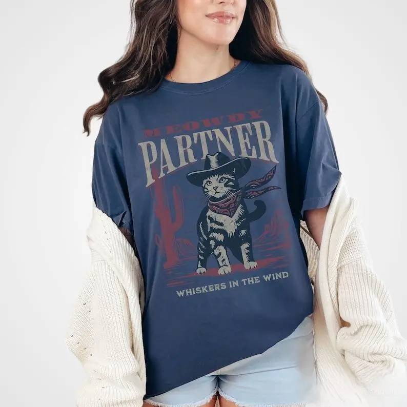 Meowdy Partner Cowboy Cat T-Shirt Vintage Cowboy 1 Side Graphic Unisex t Shirt