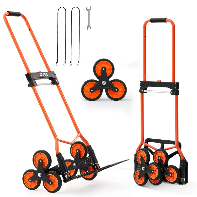 toolupgrade VEVOR Secure Sturdy Carbon Steel Stair Climbing Dolly - 120 lbs Capacity, Lightweight Eases Every Lift, Portable Foldable Ergonomic Cart with Telescopic Handle, 6 Durable Wheels for Long Use, 2 Bungee Cords for Home, Office Supplies