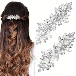2Pcs Rhinestone Hair Clips Sparkly Crystal Pearl Hair Barrettes Fancy Hair Pin Wedding Prom Formal Dance Accessories for Thick Long Hair Bride Women Girls