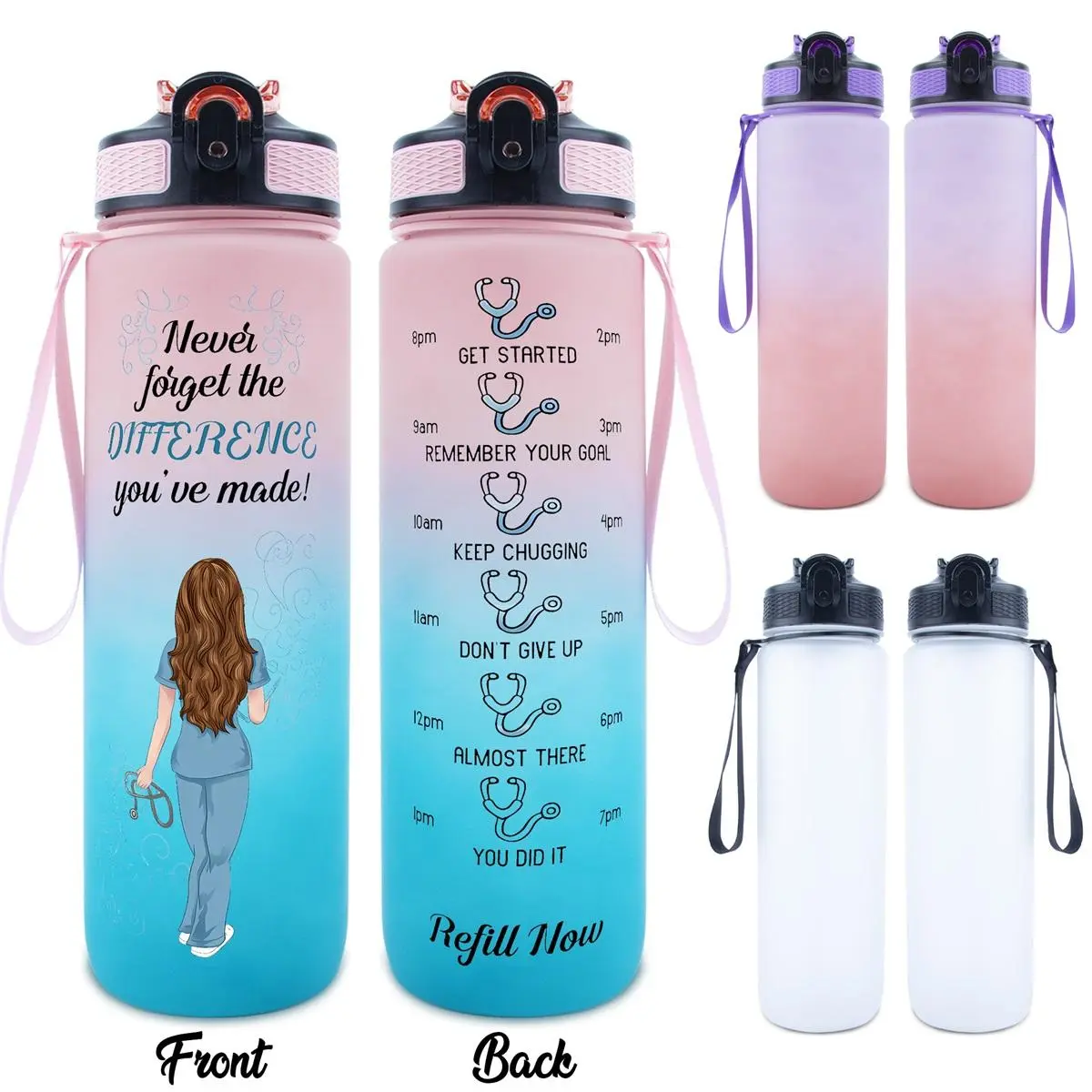 32oz Water Bottle, 1 Count Nurse Design Sports Water Bottle Gym Bottle with Time Scale, Water Bottle with Time Marker, Inspirational Gift for Nurse Daily Use, Motivational Water Bottle