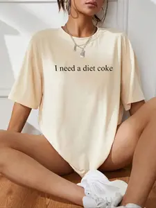 Women's Slogan Print Drop Shoulder Half Sleeve Tee, Trendy Casual Round Neck Graphic T-shirt for Daily Wear, Ladies Summer Outfit, Casual Style Tee, Womenswear