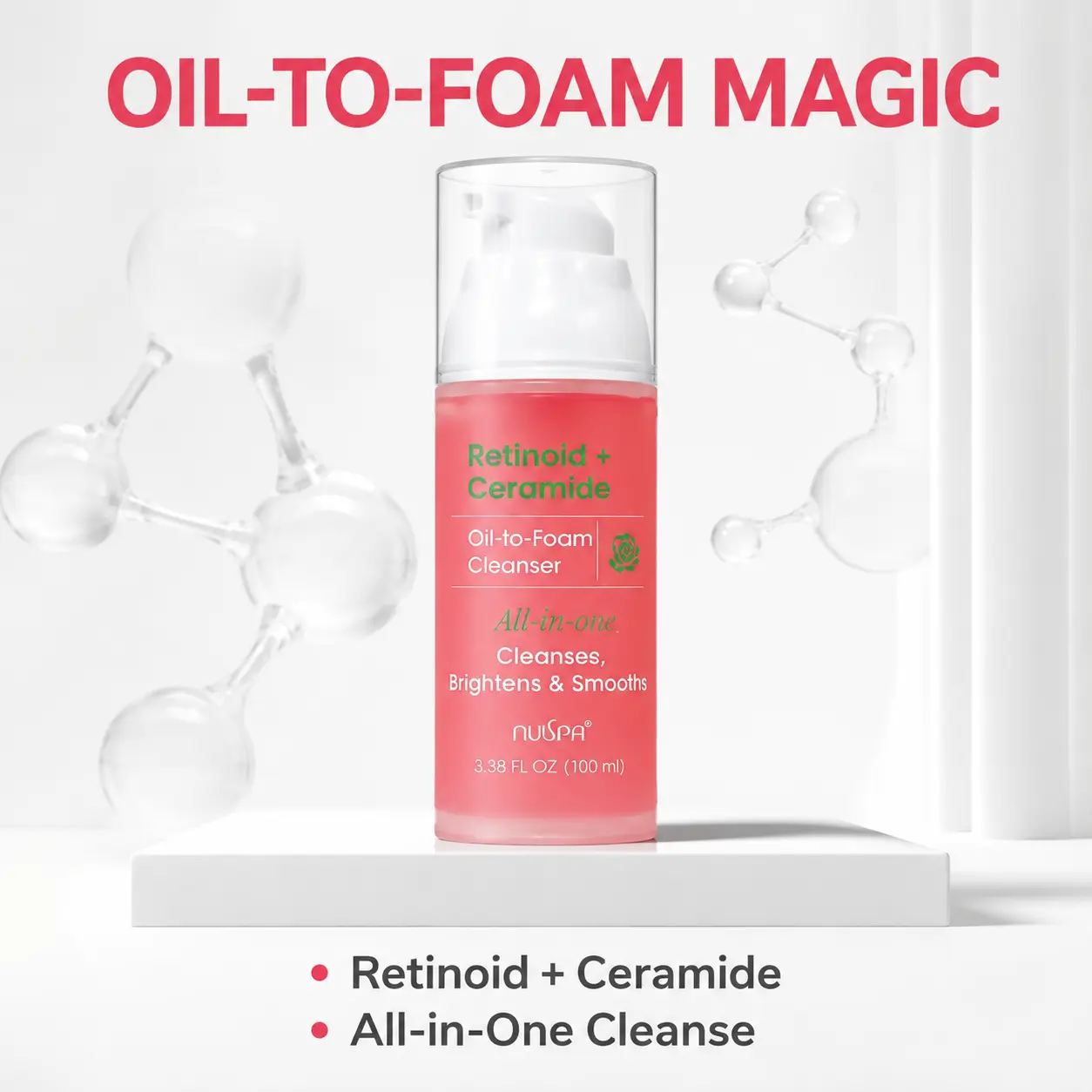 Retinoid + Ceramide Oil-to-Foam Cleanser - All-in-One Gentle Brightening Face Wash with Next-Gen Retinoid & Ceramide NP - Smoothing Daily Facial Cleanser - Designed in USA - 3.38 fl oz (100ml)