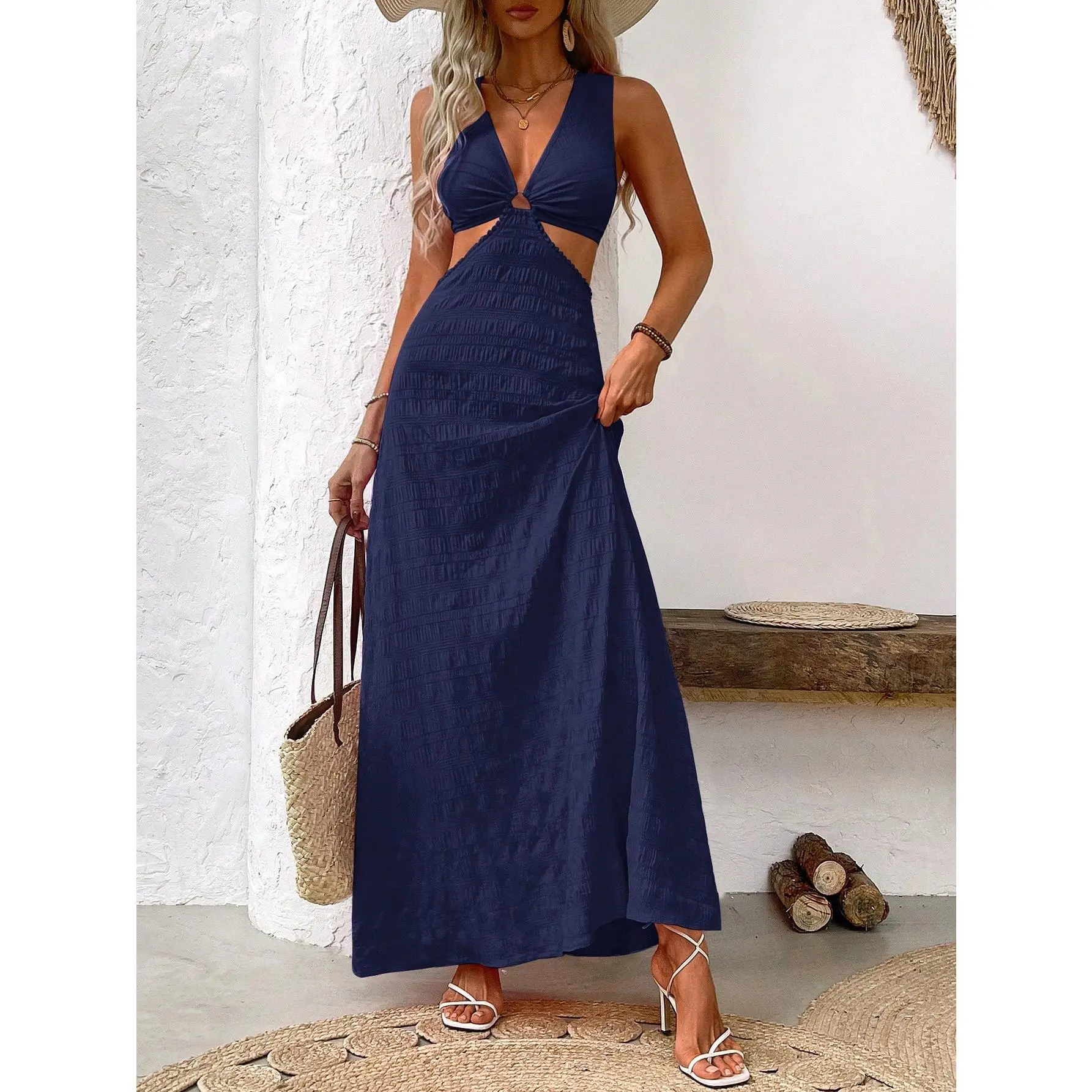 Breezaya Women Fashionable Back Hollow Out Strap Texture Dress Maxi  Vacation Beach Outfit Vacation Dress Women Maxi Dresses Beach Dresses For Women  Women Dresses Vacation Women Maxi Dresses - TikTok Shop