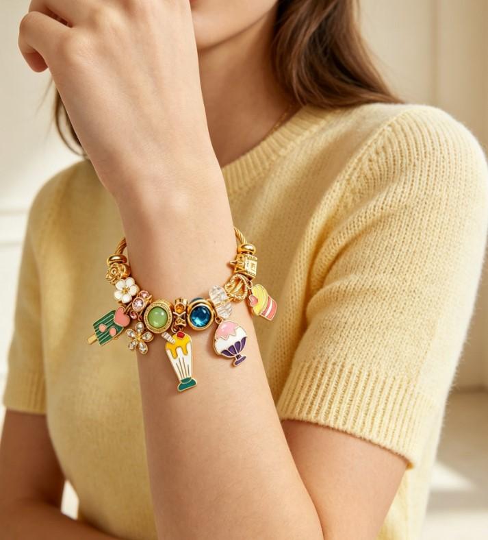 Tone Gold Twisted Open Bangle Cute Dessert Ice Cream Cupcake Popsicle Enamel Charm Bracelet Colorful Crystal Floral Bead Women Sweet Girly Daily Jewelry Gift Tone Gold Twisted Open Bangle Cute Dessert Ice Cream Cupcake Popsicle Enamel Charm Bracelet Colorful Crystal Floral Bead Women Sweet Girly Daily Jewelry Gift