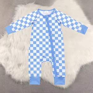 New Clothes  Blue Plaid Long Sleeve Baby Kids Zipper Romper Comfortable Soft Material for Infants And Toddlers