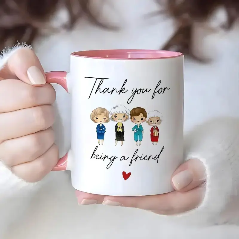1pc 11oz Ceramics Coffee Mug Thank You for Being a Friend - White with Pink Handle, Hand Wash Only, Heartfelt Gift for Bestie, BFF, Soul Sisters - Christmas, Birthday, Graduation Present, Birthday| Playful Character Design| Hand Wash Only, Cup