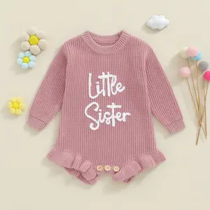 Baby Girls Fall Knit Romper Letter Embroidery Long Sleeve Round Neck Ruffled Sweater Jumpsuit			 				