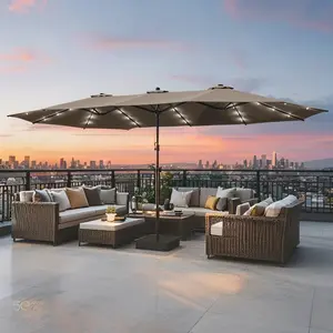 FUFU&GAGA 15ft Triple-Size Patio Umbrella w/Base - XL Double-Sided Market Umbrella - Twin-Size Parasol w/Crank, 12 Ribs & Vent