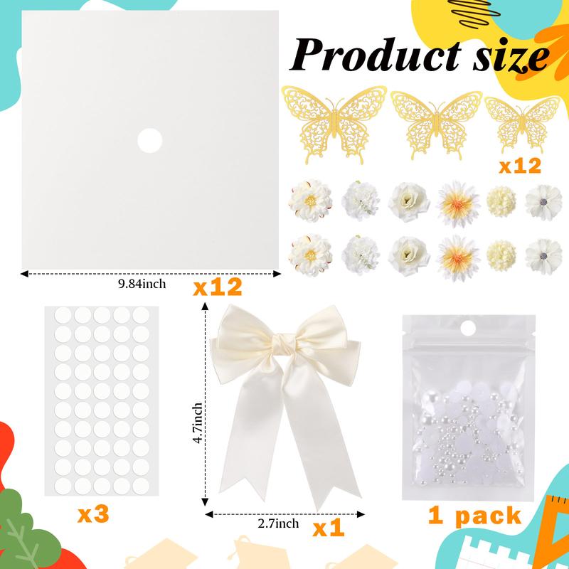 Graduation Cap Decoration Kit with Artificial Flower Heads 3D Butterfly Construction Paper Stickers Pearl Adhesive Dots Satin Bow for Grad Cap Topper DIY Craft Art Decor Grad Gift