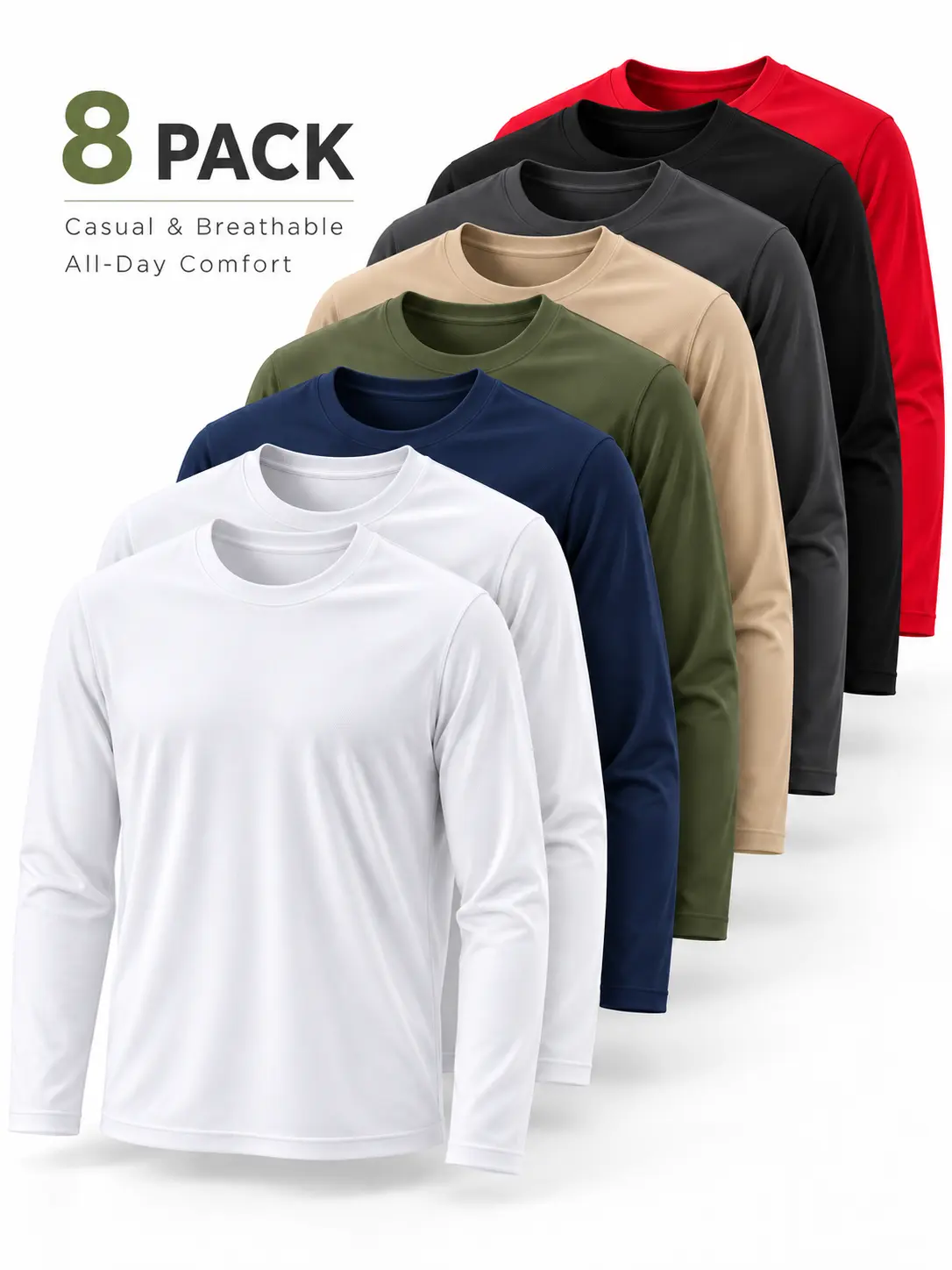 8 Pack Men's Solid Long Sleeve Crew Neck Shirts, Polyester Casual Tops, Soft Lightweight Breathable, Suitable for Outdoor, Daily & Home Wear, Wrinkle Resistant, Classic Regular Fit, 8 Neutral Tones, All-Season Layering Undershirts