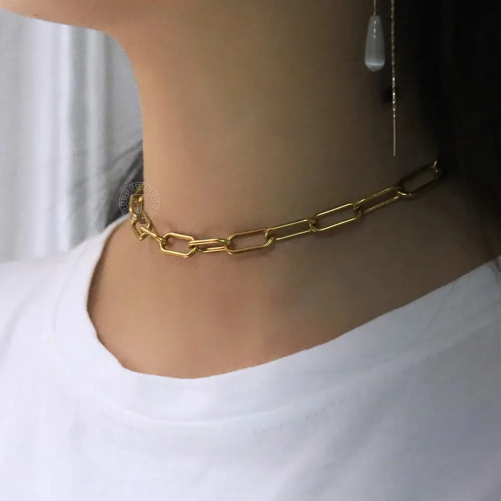 7mm Gold Color Rectangle Chain Choker Necklaces Women Anti Allergy Stainless Steel Cable Paperclip Link Collar Adjustable
