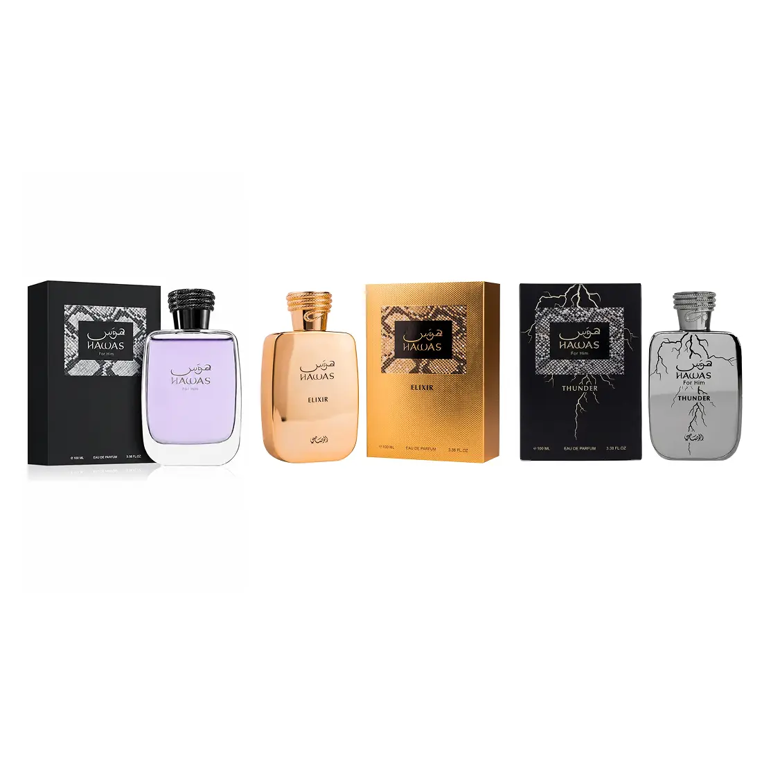 Rasasi Hawas Trio – Hawas for Him + Thunder + Elixir Eau de Parfum 3 × 100ml | Perfume Set | Aquatic Fresh Spicy & Gourmand Vanilla EDP