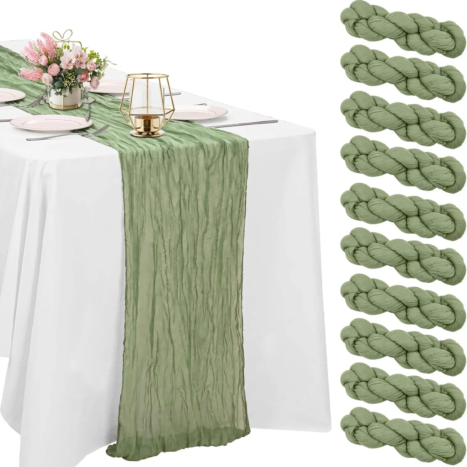 2Pack/10 Pack Green/Pink/White/Blue Cheesecloth Table Runner 9FT Boho Style Gauze Fabric Table Runner Vintage Rustic Sheer Runners for Wedding Party Bridal Baby Shower Birthday Long Table Setting Decorations