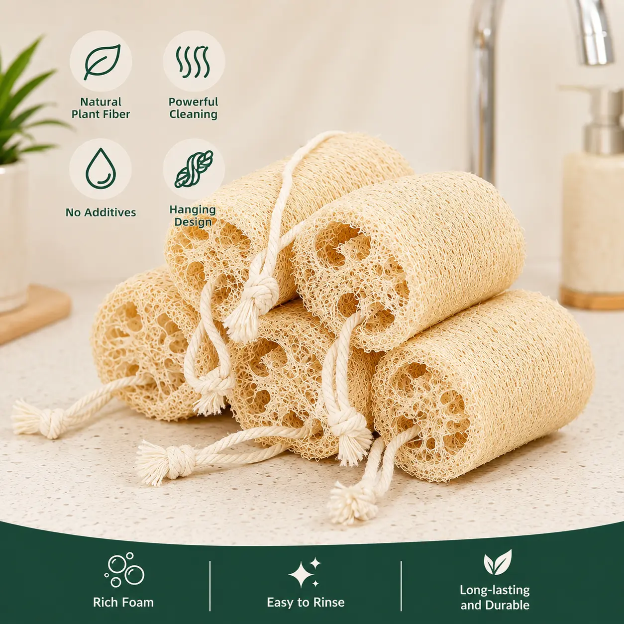 1 Count Natural Loofah Dish Scrubber, Porous Breathable Non-stick Oil with Hanging Rope for Kitchen Dish Cookware and Sink Cleaning