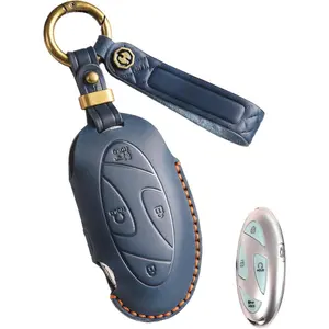 Key Fob Cover for Hyundai Leather Car Key Case Holder Keychain for Ioniq 6 GN7 KONA Elanrtra Santa Fe Sonata Tucson (Blue, 5 Buttons)