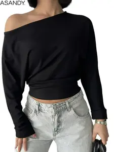 Women's One Shoulder Asymmetrical Neck Minimalist Plain Slim Fit Casual Long Sleeve T-Shirt, Versatile Fashion Top for Daily Wear Womenswear